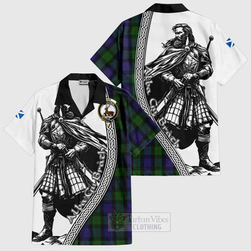 Blair Tartan Clan Crest Short Sleeve Button Shirt with Highlander Warrior Celtic Style