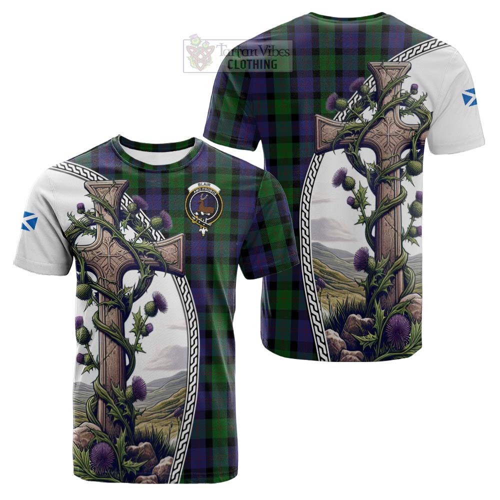 Tartan Vibes Clothing Blair Tartan Cotton T-shirt with Family Crest and St. Andrew's Cross Accented by Thistle Vines