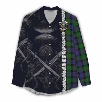 Blair Tartan Women's Casual Shirt with Family Crest Cross Sword Thistle Celtic Vibes