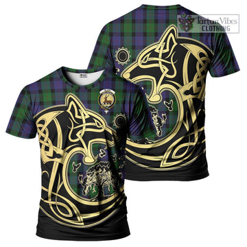 Blair Tartan T-Shirt with Family Crest Celtic Wolf Style