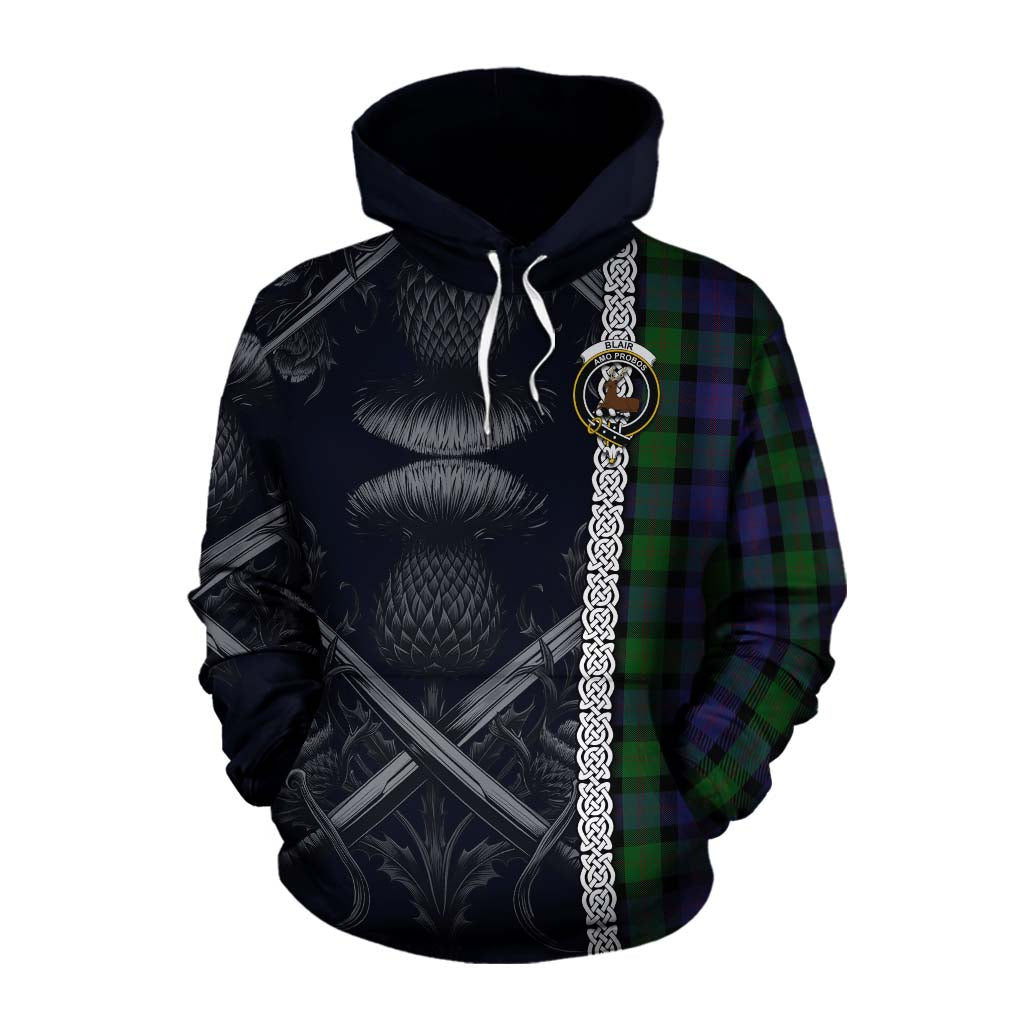 Tartan Vibes Clothing Blair Tartan Cotton Hoodie with Family Crest Cross Sword Thistle Celtic Vibes