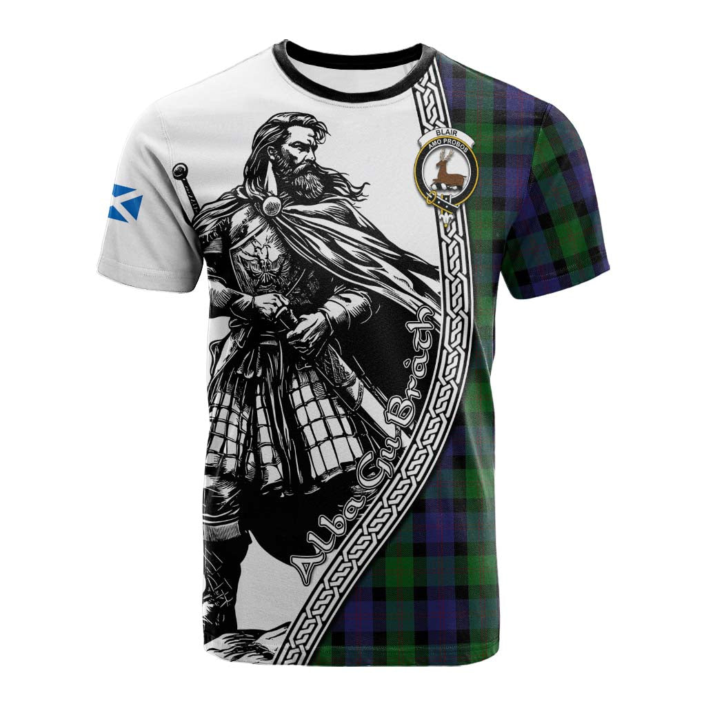 Blair Tartan Clan Crest Cotton T-shirt with Highlander Warrior Celtic Style