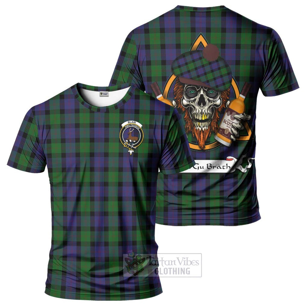 Tartan Vibes Clothing Blair Tartan T-Shirt with Family Crest and Bearded Skull Holding Bottles of Whiskey