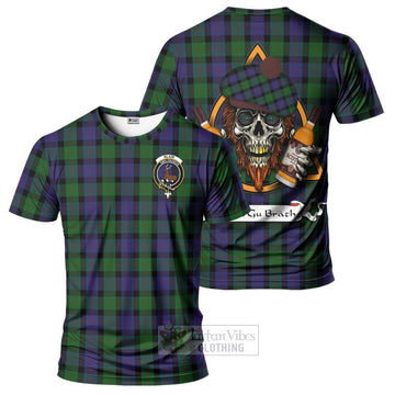 Blair Tartan T-Shirt with Family Crest and Bearded Skull Holding Bottles of Whiskey