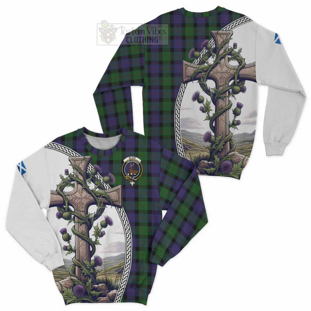 Tartan Vibes Clothing Blair Tartan Sweatshirt with Family Crest and St. Andrew's Cross Accented by Thistle Vines