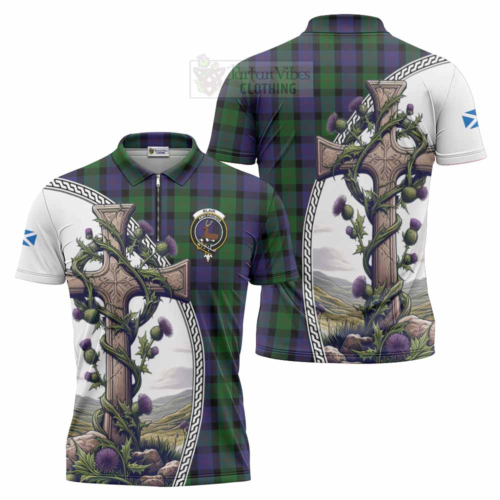 Tartan Vibes Clothing Blair Tartan Zipper Polo Shirt with Family Crest and St. Andrew's Cross Accented by Thistle Vines