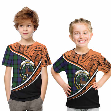 Blair Crest Tartan Kid T-Shirt with Polynesian Vibes Style - Orange Version