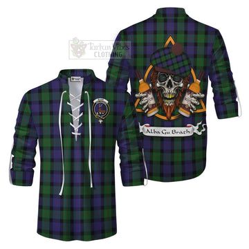 Blair Tartan Ghillie Kilt Shirt with Family Crest and Bearded Skull Holding Bottles of Whiskey