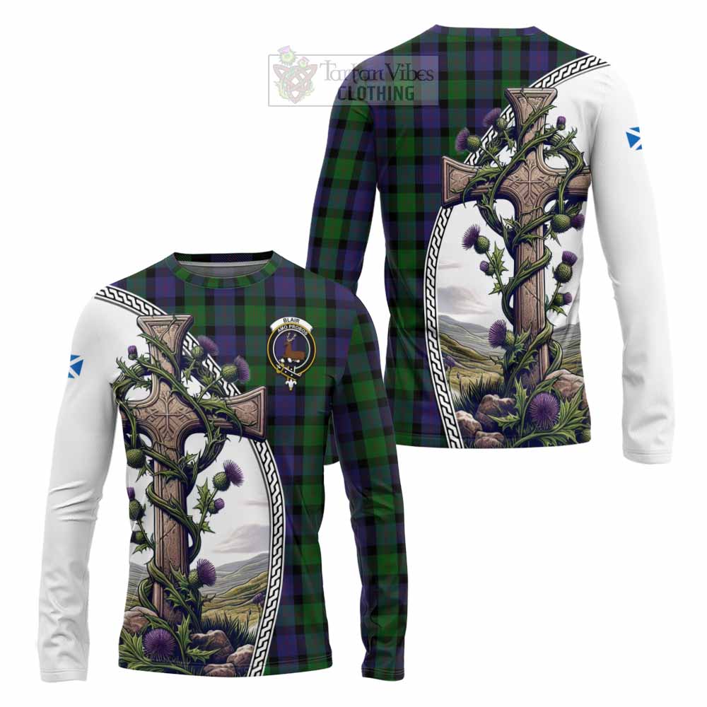 Tartan Vibes Clothing Blair Tartan Long Sleeve T-Shirt with Family Crest and St. Andrew's Cross Accented by Thistle Vines