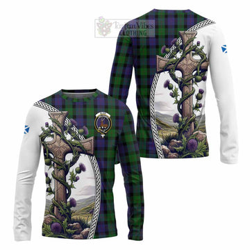 Blair Tartan Long Sleeve T-Shirt with Family Crest and St. Andrew's Cross Accented by Thistle Vines