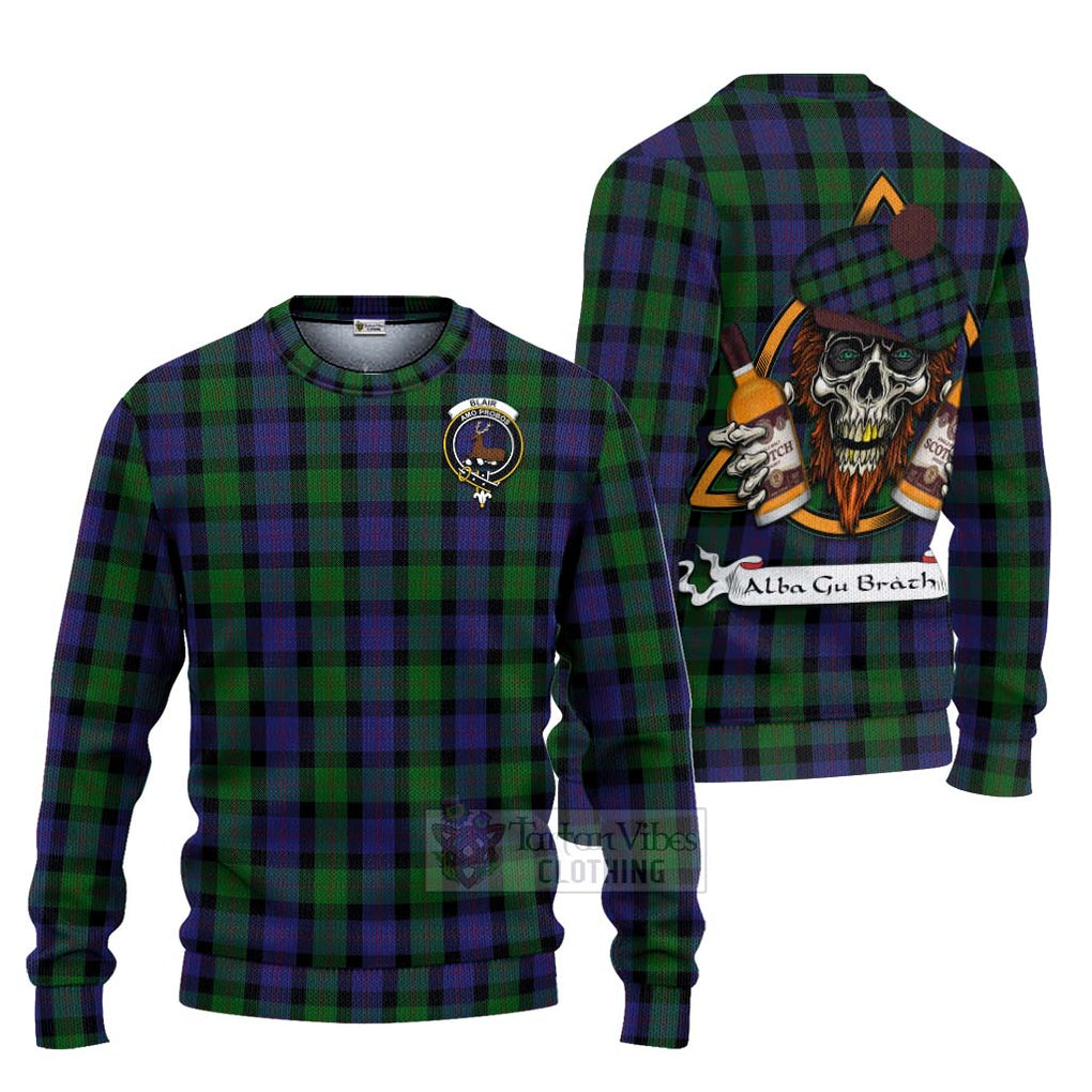 Tartan Vibes Clothing Blair Tartan Knitted Sweater with Family Crest and Bearded Skull Holding Bottles of Whiskey