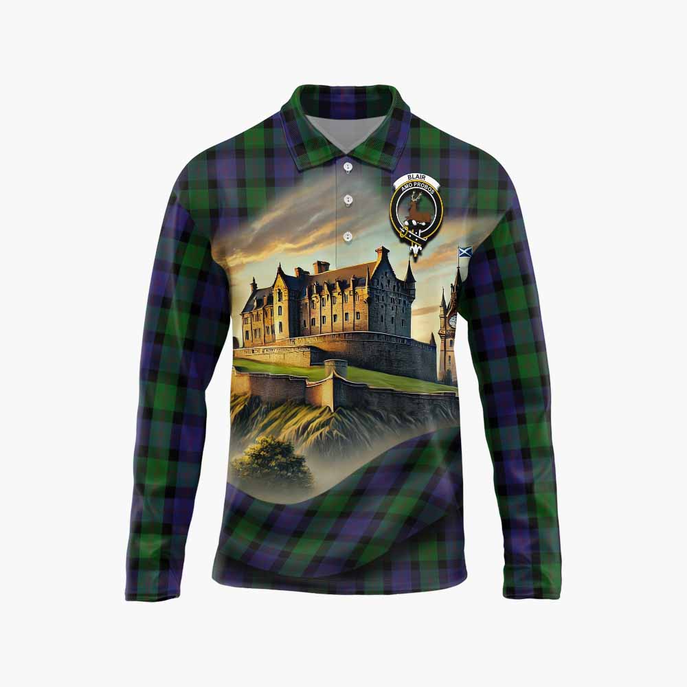 Blair Tartan Family Crest Long Sleeve Polo Shirt with Scottish Ancient Castle Style Unisex - Tartan Vibes Clothing