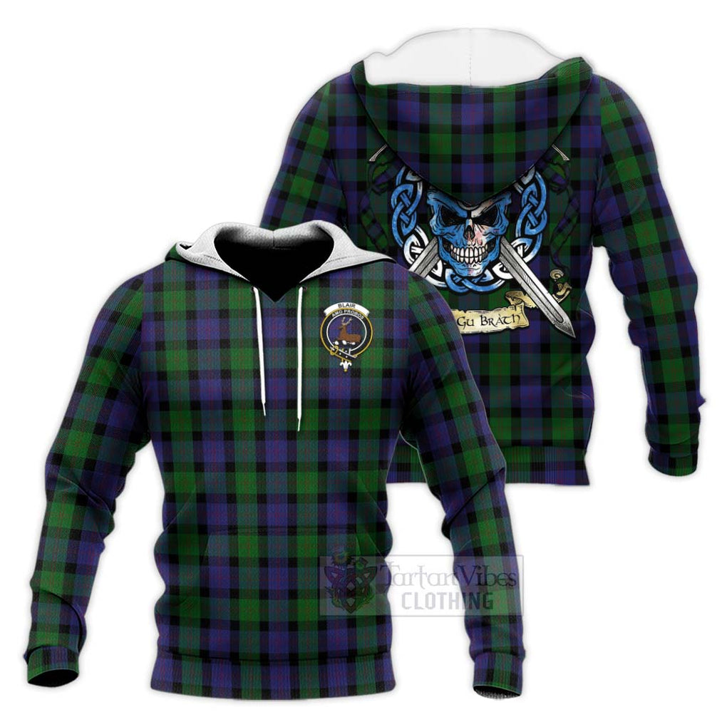 Tartan Vibes Clothing Blair Tartan Knitted Hoodie with Family Crest Celtic Skull Style