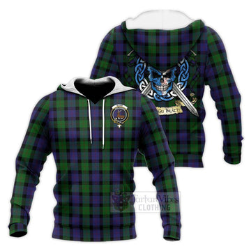 Blair Tartan Knitted Hoodie with Family Crest Celtic Skull Style