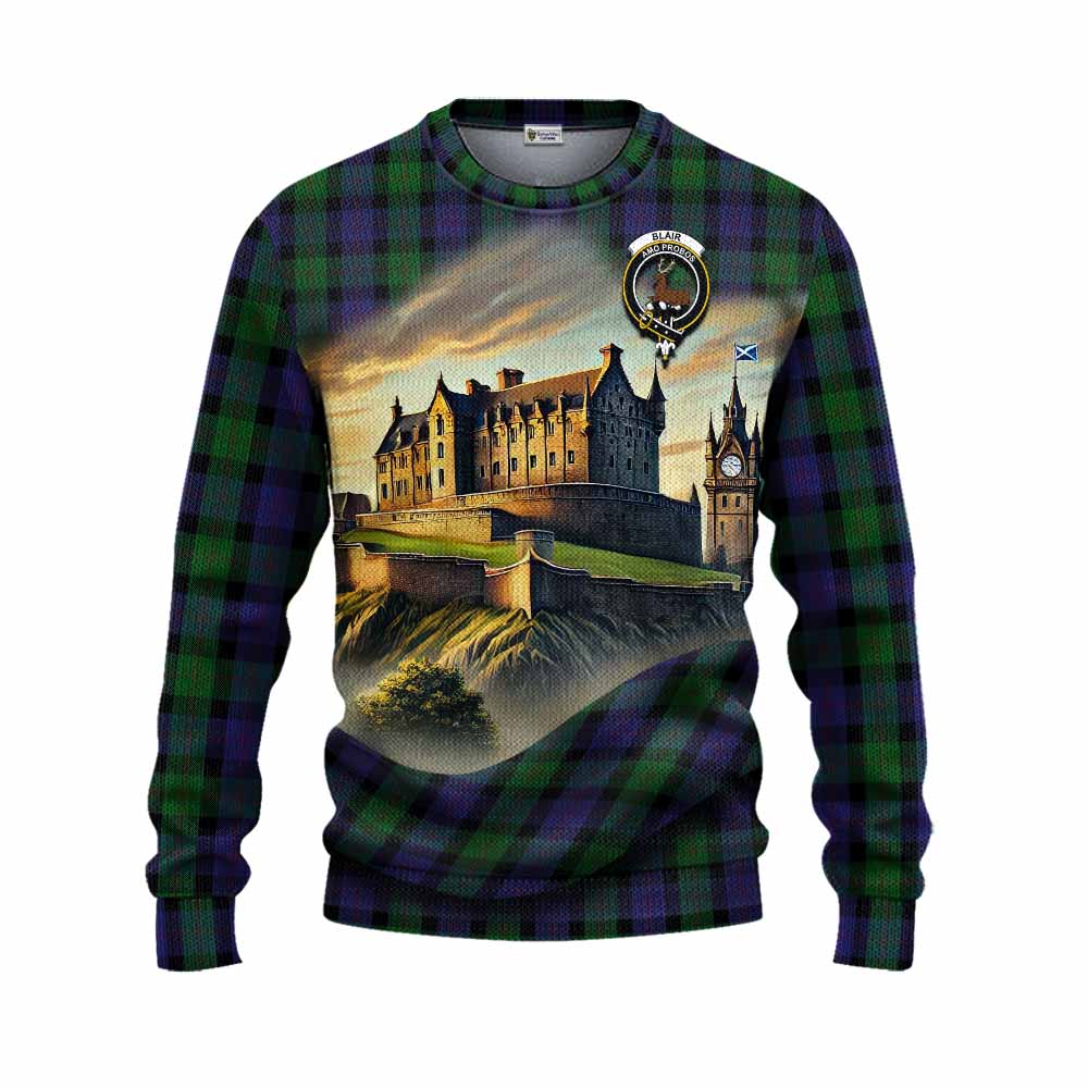 Blair Tartan Family Crest Knitted Sweater with Scottish Ancient Castle Style Unisex - Tartan Vibes Clothing