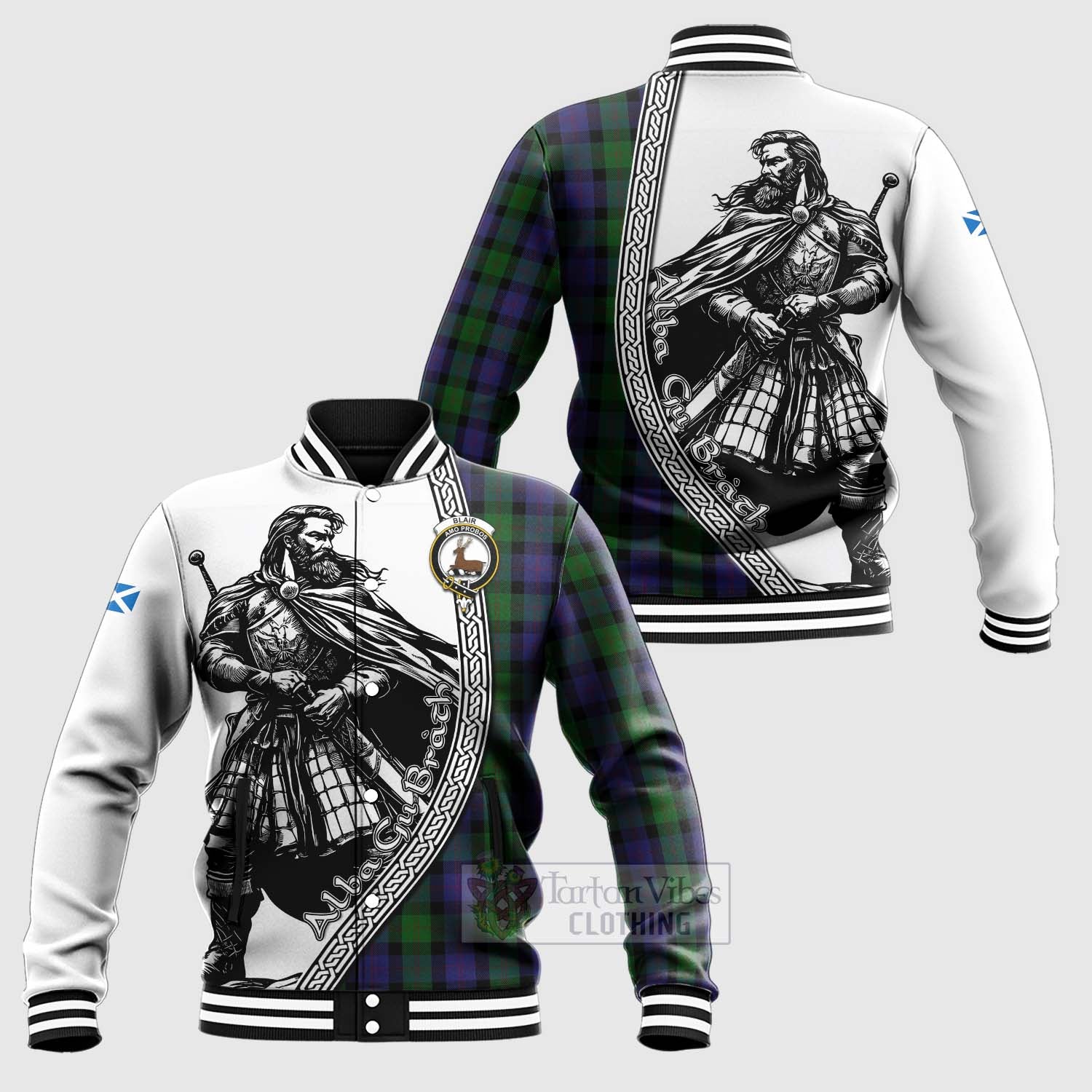 Tartan Vibes Clothing Blair Tartan Clan Crest Baseball Jacket with Highlander Warrior Celtic Style