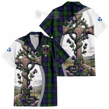 Blair Tartan Short Sleeve Button Shirt with Family Crest and St. Andrew's Cross Accented by Thistle Vines