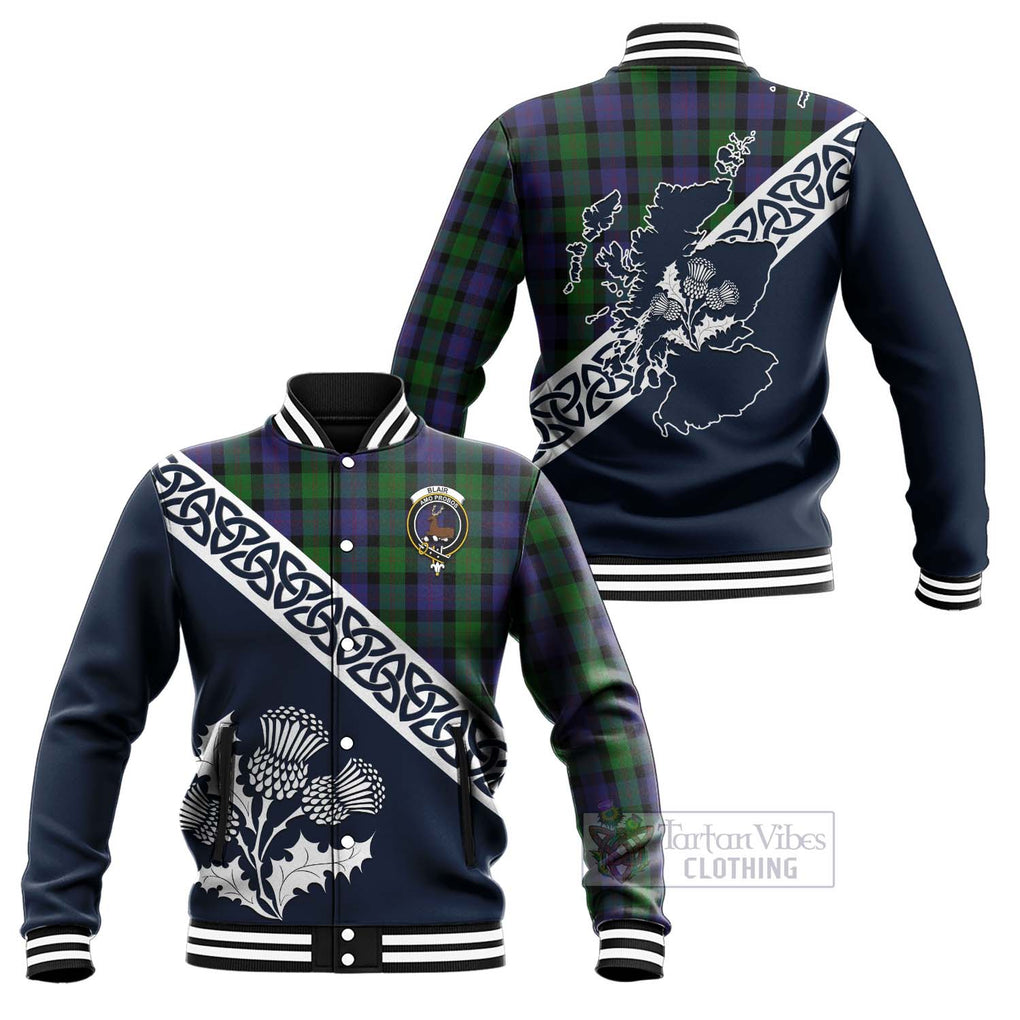 Tartan Vibes Clothing Blair Tartan Baseball Jacket Featuring Thistle and Scotland Map