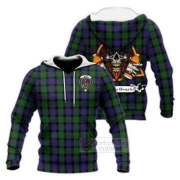 Blair Tartan Knitted Hoodie with Family Crest and Bearded Skull Holding Bottles of Whiskey