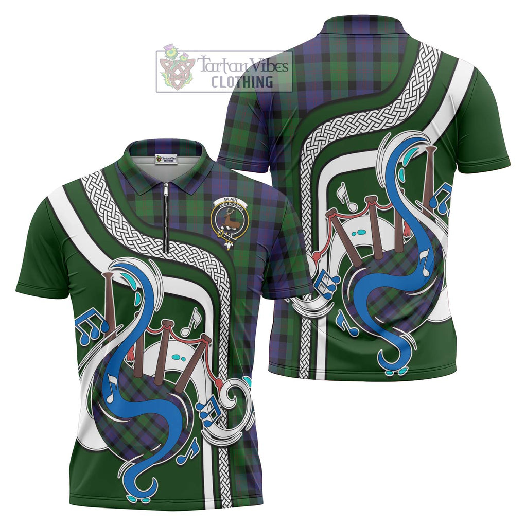 Blair Tartan Zipper Polo Shirt with Epic Bagpipe Style Unisex - Tartanvibesclothing Shop