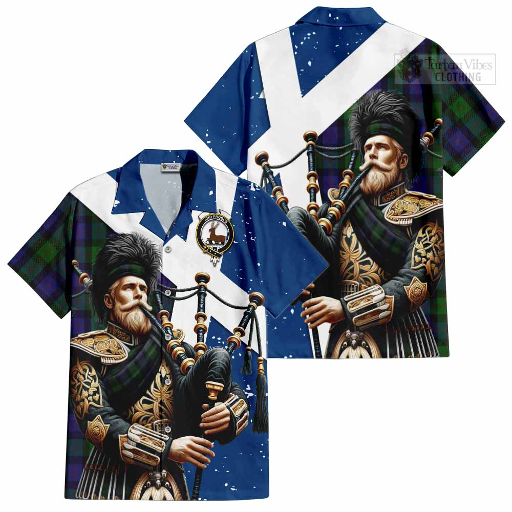 Tartan Vibes Clothing Blair Tartan Short Sleeve Button Shirt with Family Crest Scottish Bagpiper Vibes