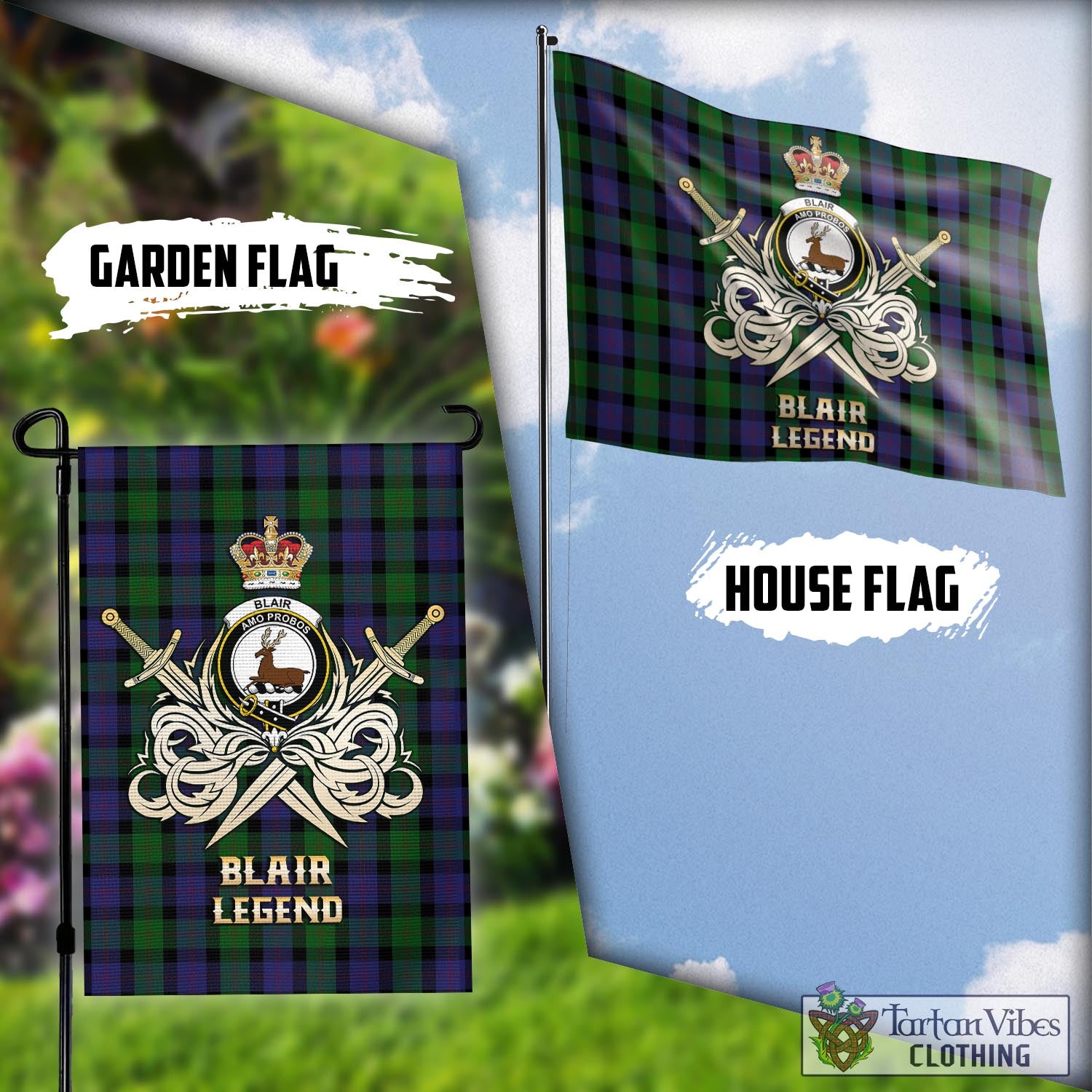 Tartan Vibes Clothing Blair Tartan Flag with Clan Crest and the Golden Sword of Courageous Legacy