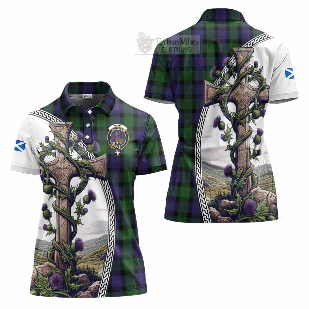 Tartan Vibes Clothing Blair Tartan Women's Polo Shirt with Family Crest and St. Andrew's Cross Accented by Thistle Vines