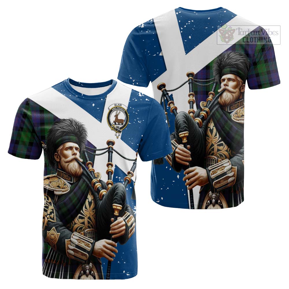 Tartan Vibes Clothing Blair Tartan Cotton T-shirt with Family Crest Scottish Bagpiper Vibes