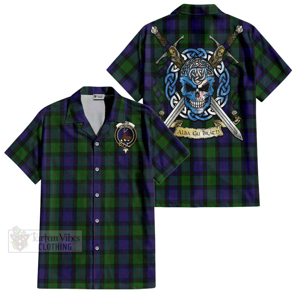 Tartan Vibes Clothing Blair Tartan Short Sleeve Button Shirt with Family Crest Celtic Skull Style