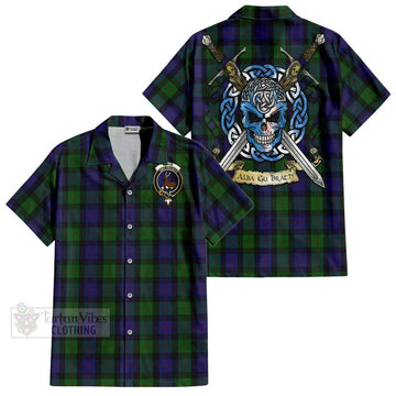 Blair Tartan Short Sleeve Button Shirt with Family Crest Celtic Skull Style