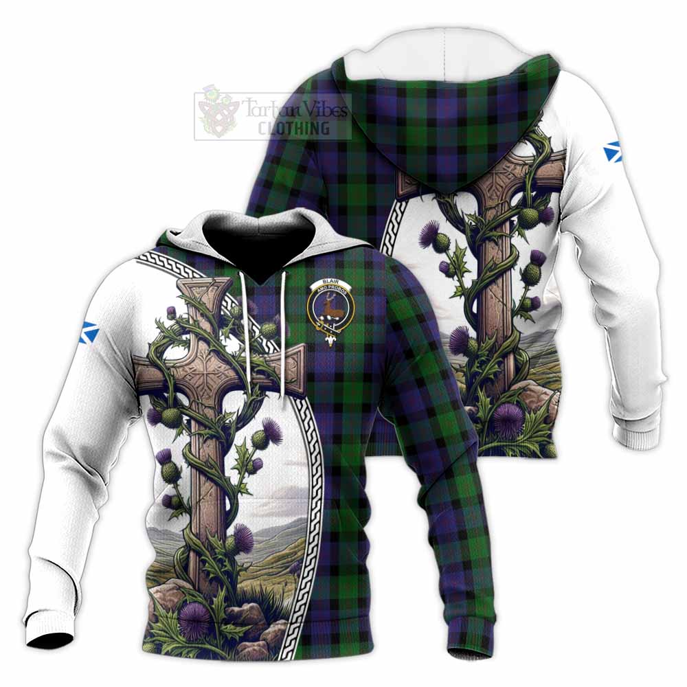 Tartan Vibes Clothing Blair Tartan Knitted Hoodie with Family Crest and St. Andrew's Cross Accented by Thistle Vines