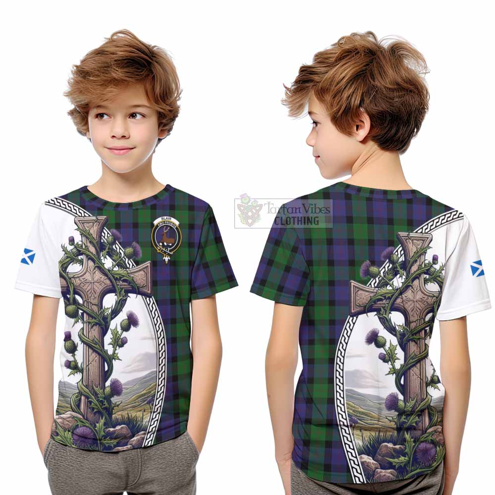 Tartan Vibes Clothing Blair Tartan Kid T-Shirt with Family Crest and St. Andrew's Cross Accented by Thistle Vines