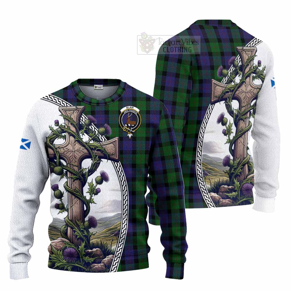 Tartan Vibes Clothing Blair Tartan Knitted Sweater with Family Crest and St. Andrew's Cross Accented by Thistle Vines