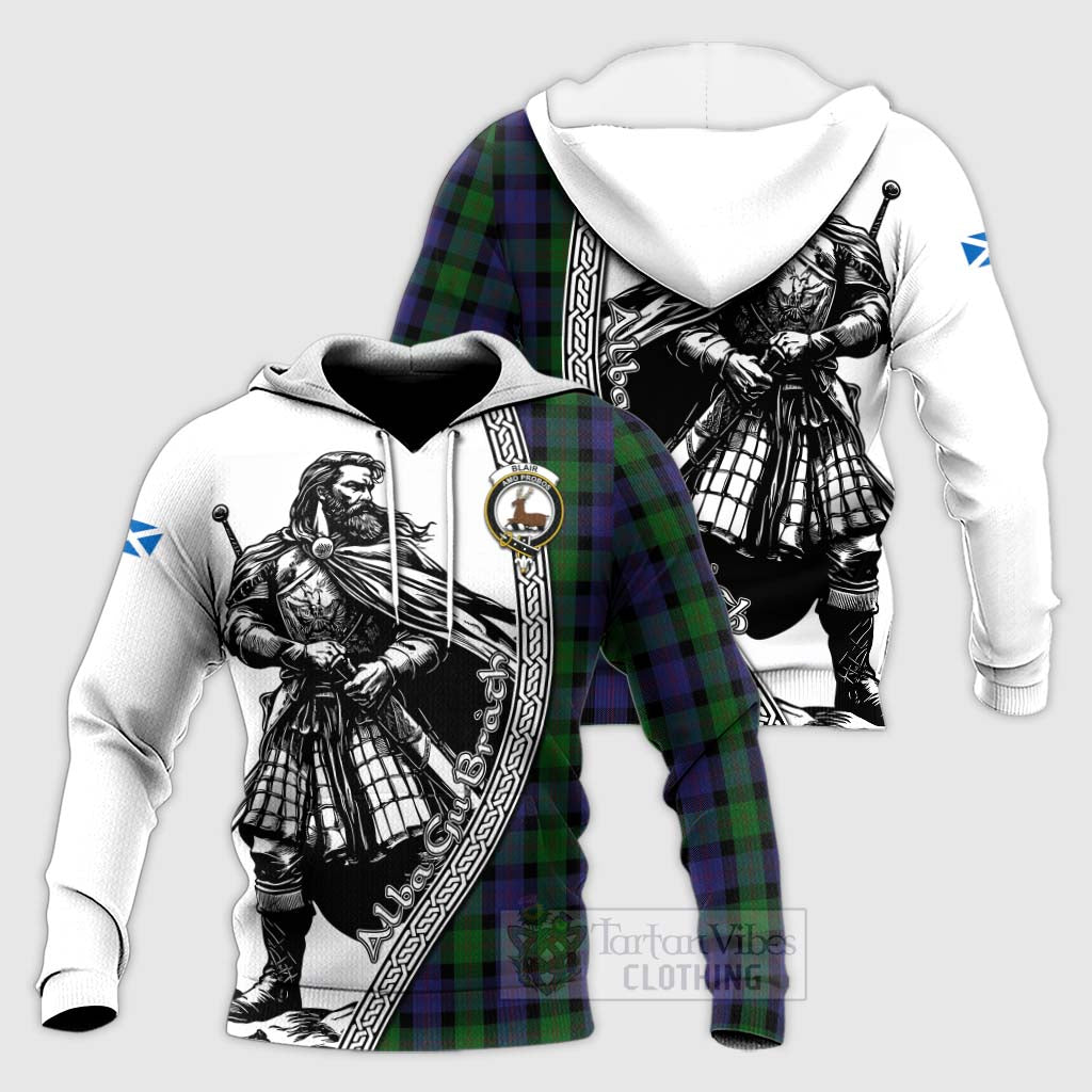 Tartan Vibes Clothing Blair Tartan Clan Crest Knitted Hoodie with Highlander Warrior Celtic Style