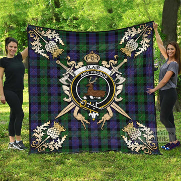 Blair Tartan Quilt with Family Crest and Scottish Golden Courage Shield