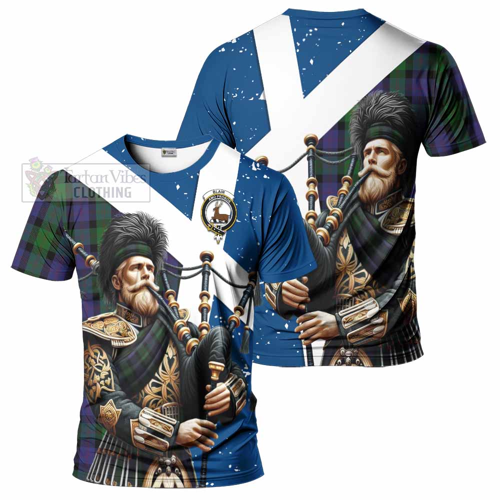 Tartan Vibes Clothing Blair Tartan T-Shirt with Family Crest Scottish Bagpiper Vibes