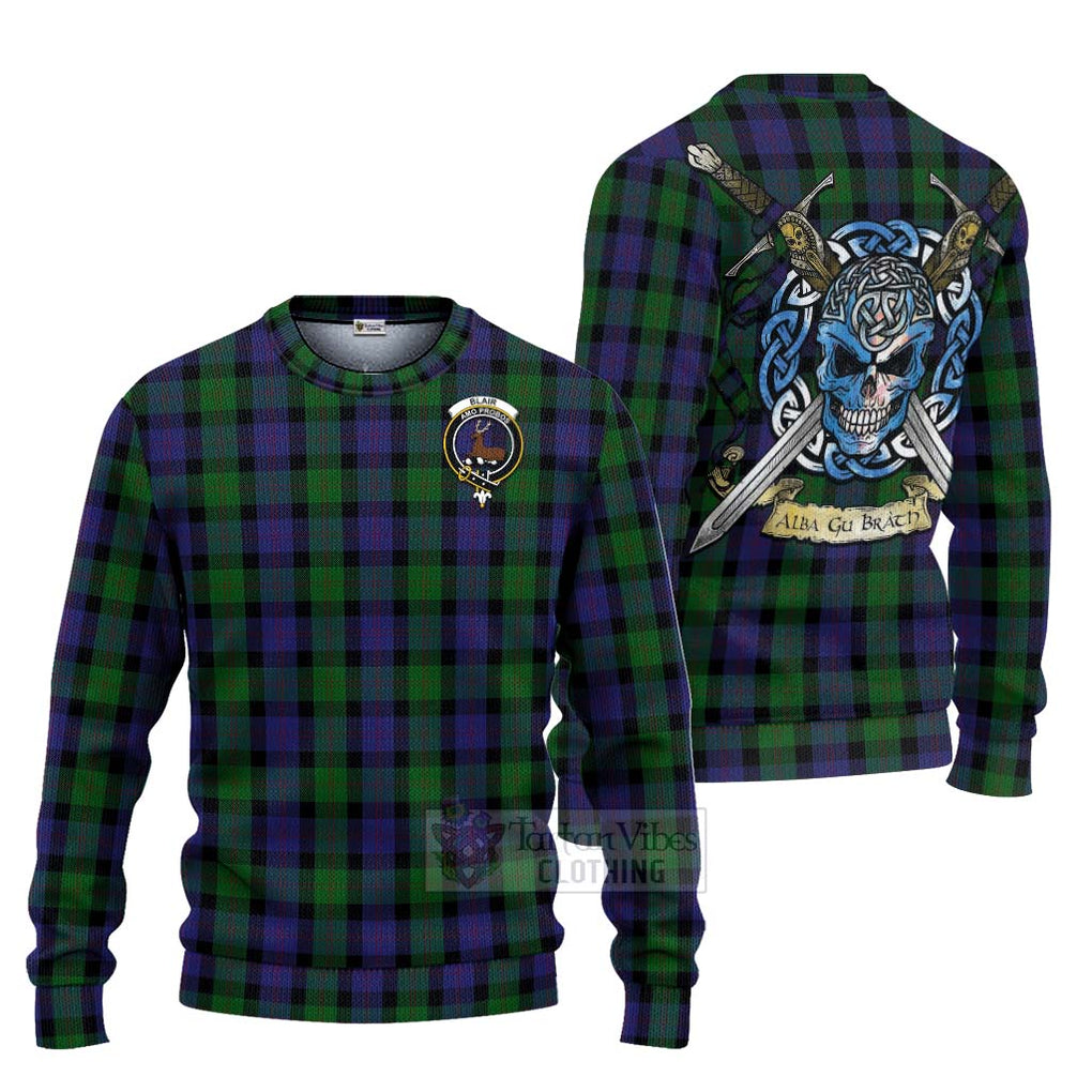 Tartan Vibes Clothing Blair Tartan Knitted Sweater with Family Crest Celtic Skull Style