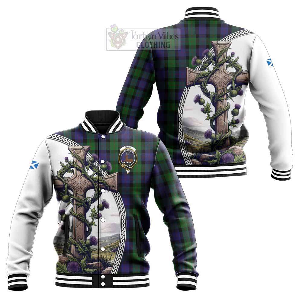 Tartan Vibes Clothing Blair Tartan Baseball Jacket with Family Crest and St. Andrew's Cross Accented by Thistle Vines