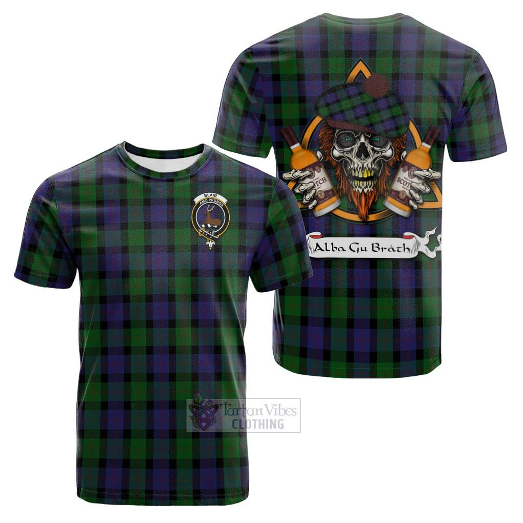 Tartan Vibes Clothing Blair Tartan Cotton T-shirt with Family Crest and Bearded Skull Holding Bottles of Whiskey