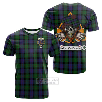 Blair Tartan Cotton T-shirt with Family Crest and Bearded Skull Holding Bottles of Whiskey