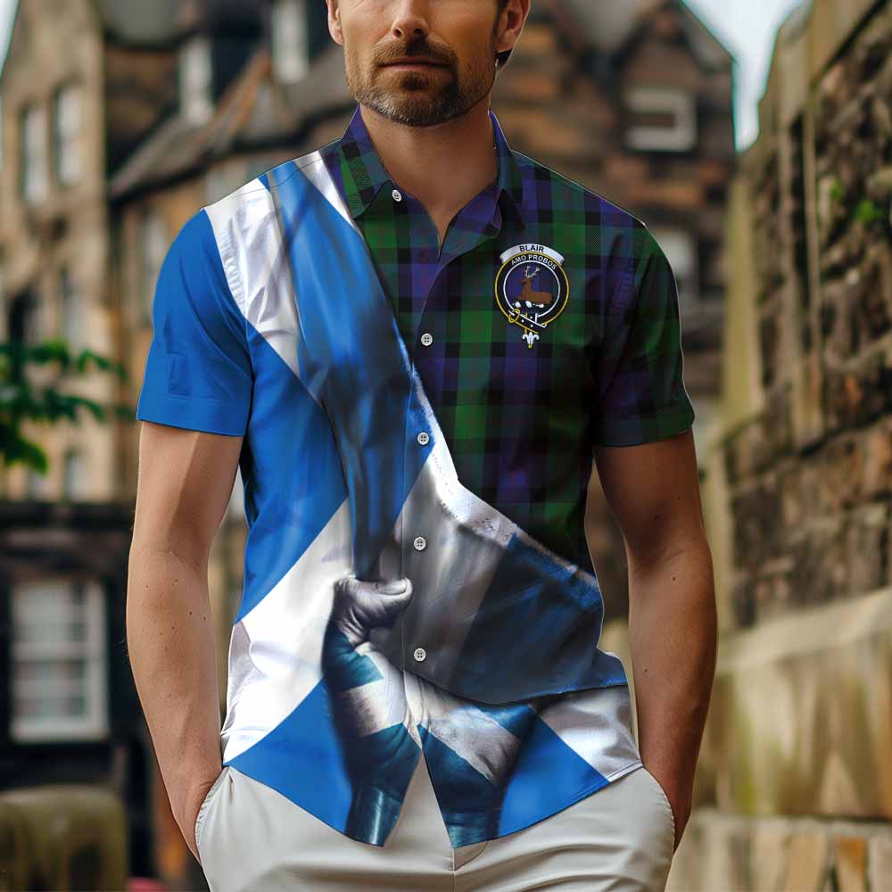 Tartan Vibes Clothing Blair Tartan Short Sleeve Button Shirt with Family Crest Scotland Patriotic Style