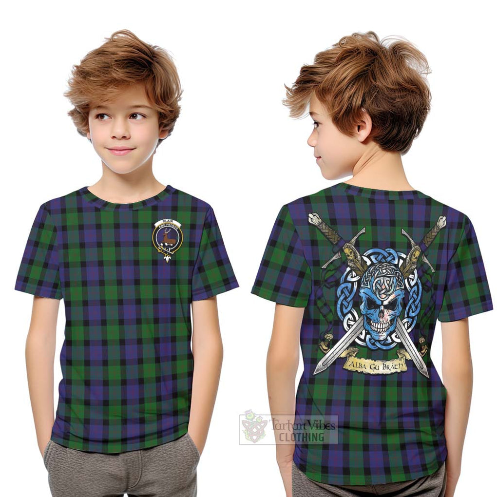 Tartan Vibes Clothing Blair Tartan Kid T-Shirt with Family Crest Celtic Skull Style