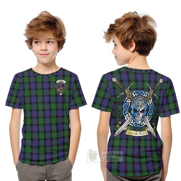 Blair Tartan Kid T-Shirt with Family Crest Celtic Skull Style