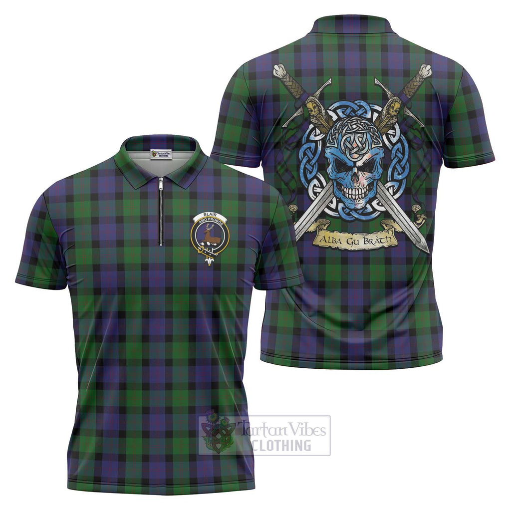 Tartan Vibes Clothing Blair Tartan Zipper Polo Shirt with Family Crest Celtic Skull Style