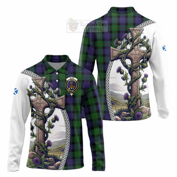 Blair Tartan Long Sleeve Polo Shirt with Family Crest and St. Andrew's Cross Accented by Thistle Vines Unisex - Tartan Vibes Clothing