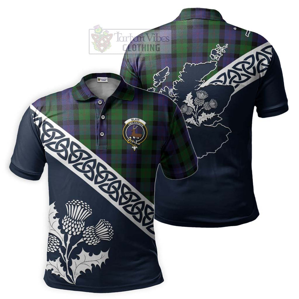 Blair Tartan Polo Shirt Featuring Thistle and Scotland Map