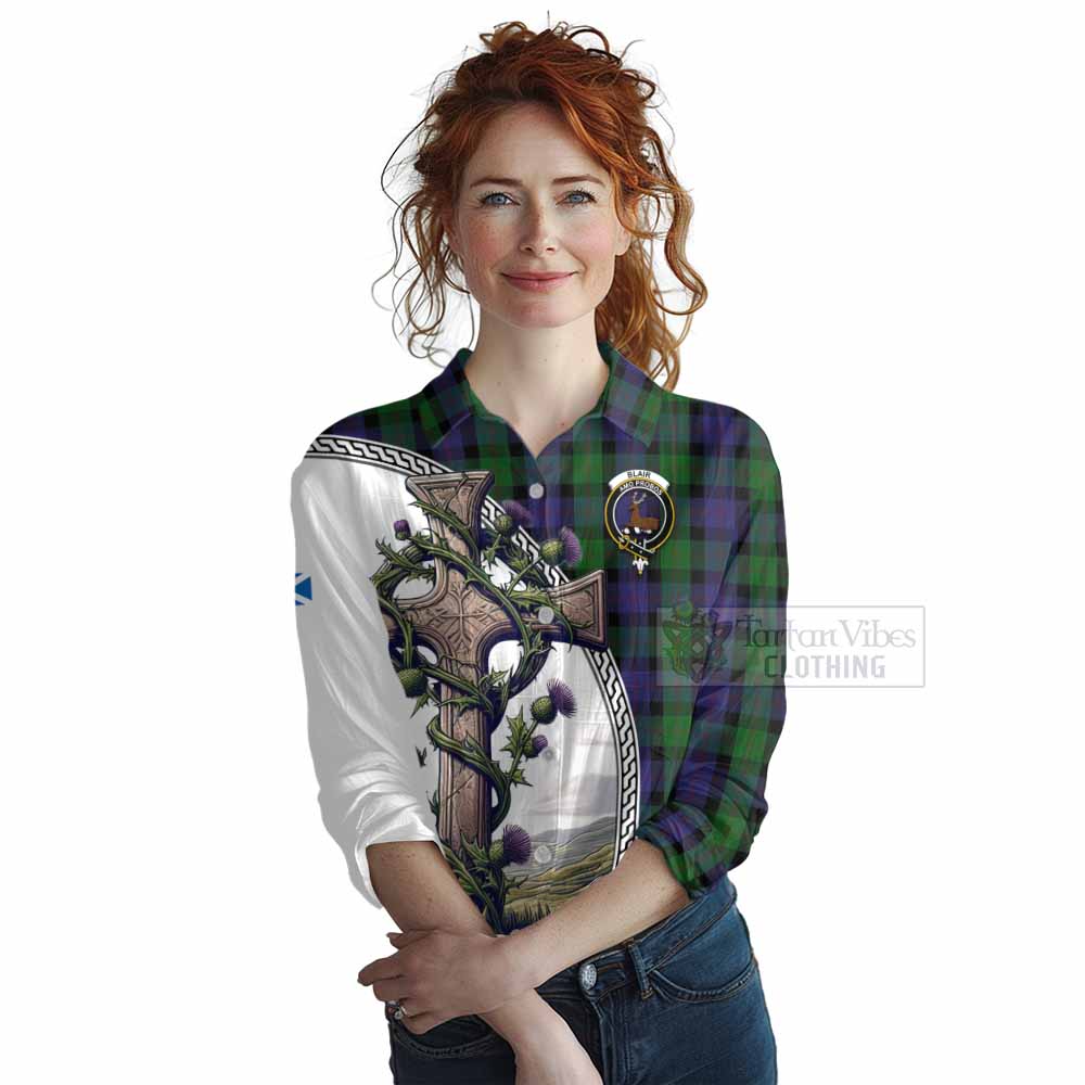 Tartan Vibes Clothing Blair Tartan Women's Casual Shirt with Family Crest and St. Andrew's Cross Accented by Thistle Vines