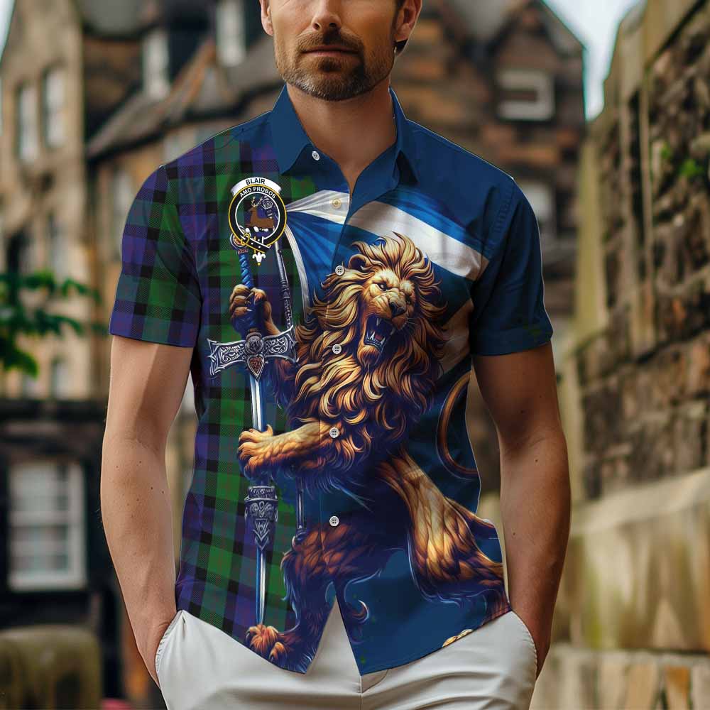 Tartan Vibes Clothing Blair Tartan Family Crest Short Sleeve Button Shirt with Scottish Majestic Lion