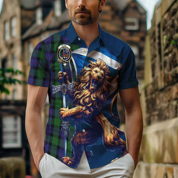 Blair Tartan Family Crest Short Sleeve Button Shirt with Scottish Majestic Lion