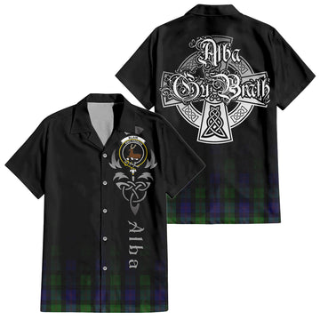 Blair Tartan Short Sleeve Button Up Shirt Featuring Alba Gu Brath Family Crest Celtic Inspired